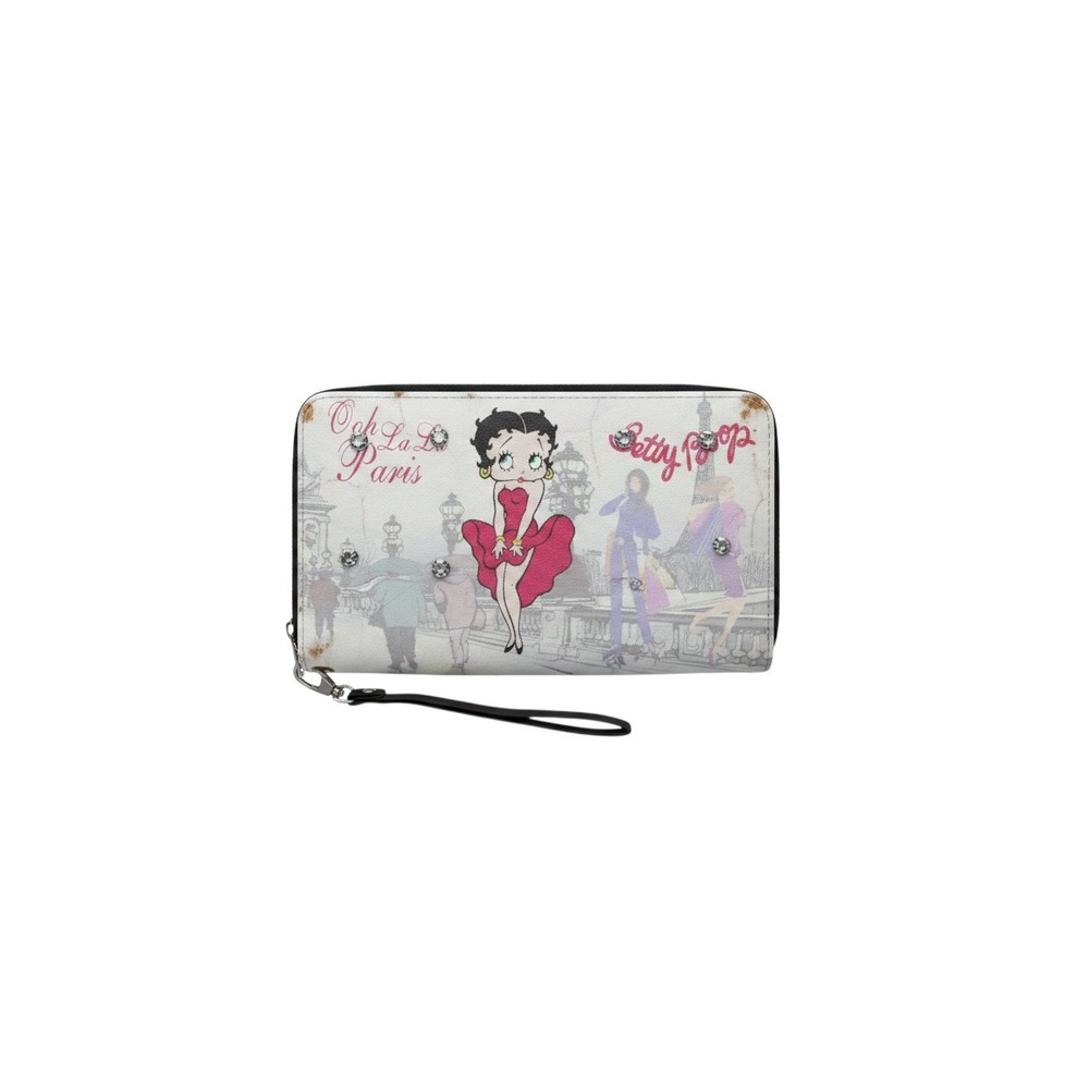 Betty Boop Wristlet Wallet Womens OS White Excellent Paris Rhinestone Zip Around